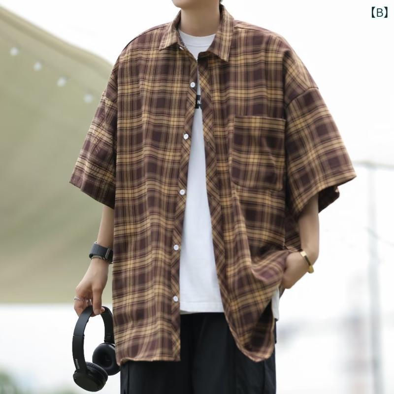 メンズ チェックシャツ カジュアルシャツ 半袖 おしゃれ 国 潮 ファッション 百合 街頭 格子 半袖 シャツ 男性 夏 カジュアル シャツ コート 男性 痞 帅 上着