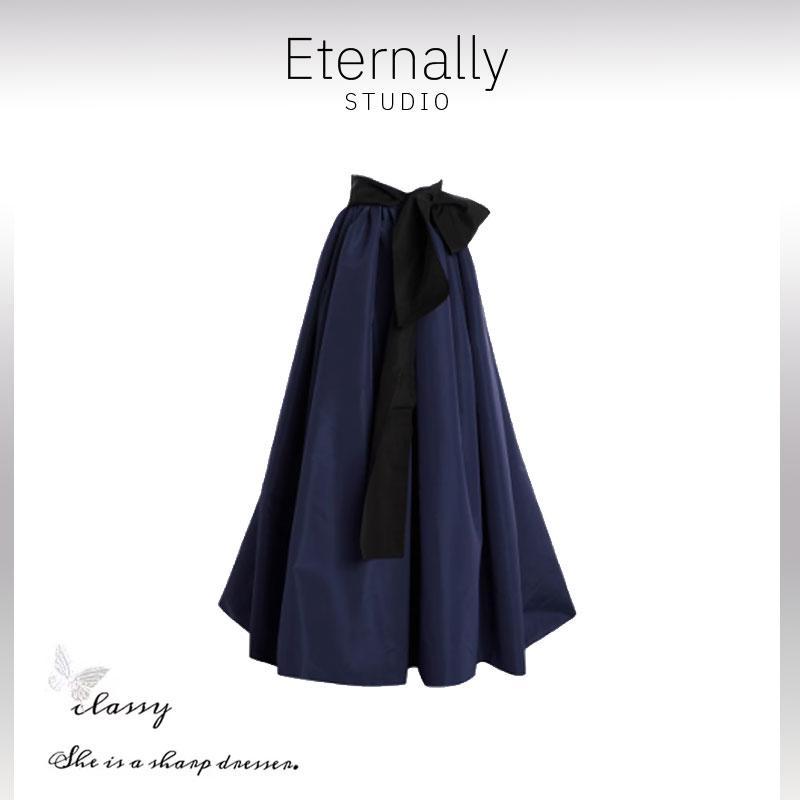 レディース きれいめ ロングスカート 脚長 レディース　スカート　ハイウエスト あり 永遠の 春 フレンチ レトロ ハイエンド ボウ スカート(4)