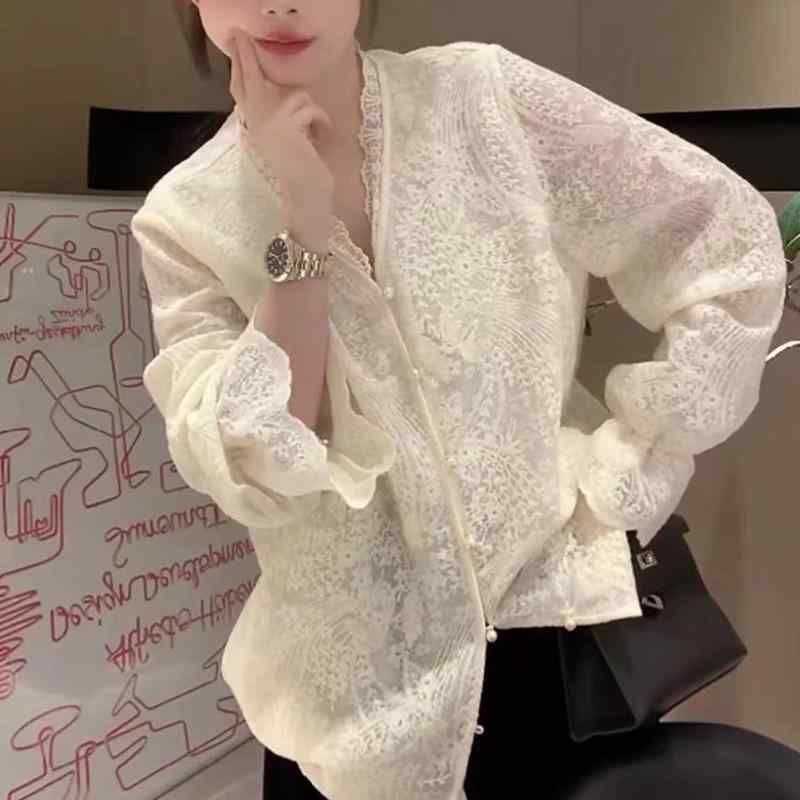上品 エレガント 贅沢 美シルエット レディース　シャツ　レース 高級 軽量 レース 長袖 シャツ 女性 2025 春夏型 インナーレイヤリング 民族 風 新型 チャイナ風 トップス(4)