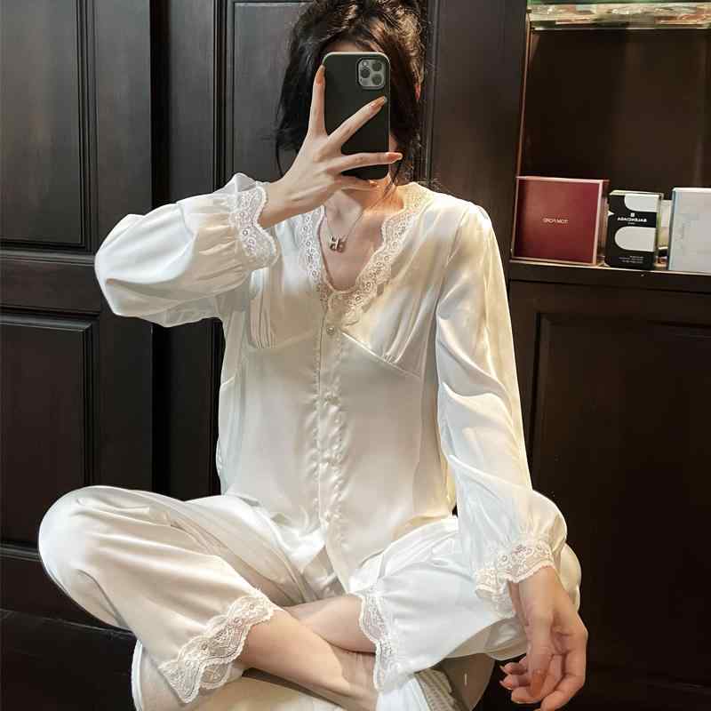 上品 エレガント 贅沢 美シルエット レディース シャツ レース 桑 絹 シルクパジャマ 女性 ネット 薄手 秋 サテン Vネック レース 春秋 長袖 ズボン ホーム 服