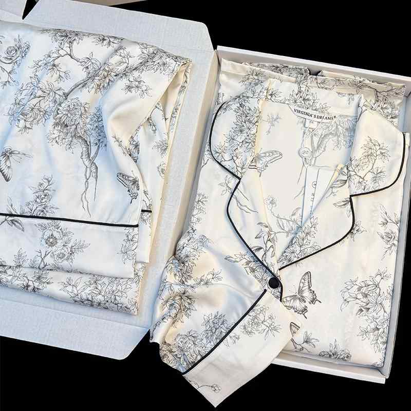 かわいい おしゃれ 安眠 快適 シルク　パジャマ　レディース 春先の 女性用 パジャマ スタイル 冷感の 長袖 ズボン スーツ ハイエンド 水墨 画の 蝶 カジュアル 家庭 服