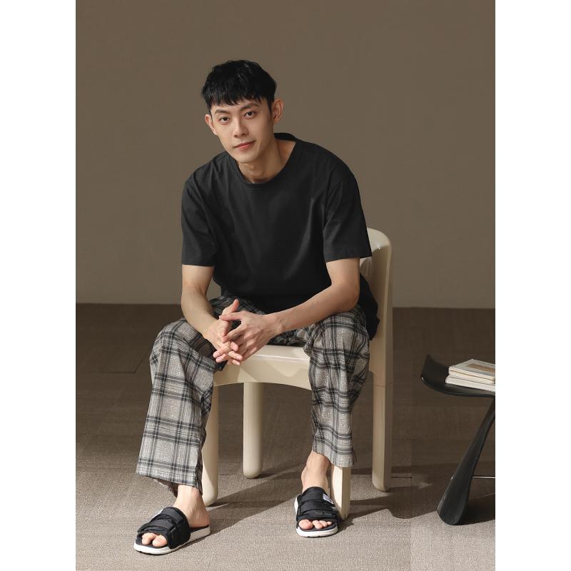 おしゃれ 伸びる 伸縮性 楽のび ストライプ パジャマ スウェット メンズ 夏 パジャマ 綿 薄手 半袖 ズボン ティーンエイジャー ファッション カジュアル チェック 柄 パンツは 家 着と しても 着用 できます