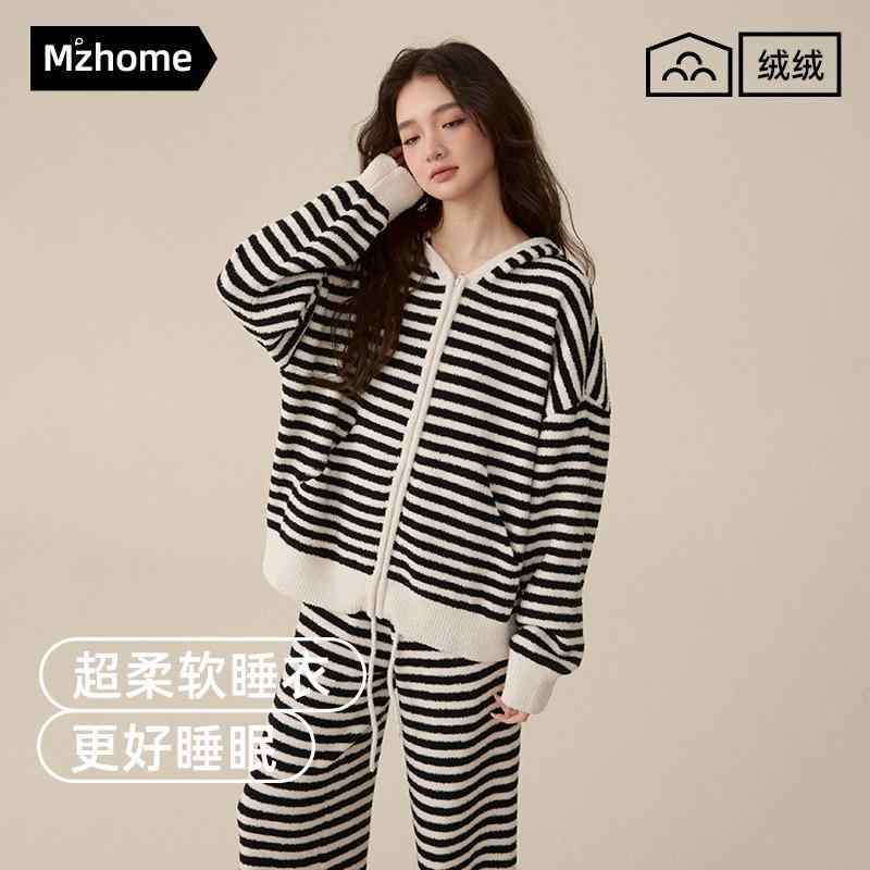 おしゃれ 伸びる 伸縮性 楽のび ストライプ パジャマ スウェット パジャマ レディース ハーフ ベルベット ストライプ カーディガン スーツ 春秋 長袖 ズボン 冬 アウター 厚手 フード付き 家庭 服と して 着用 可能