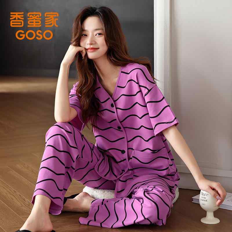 おしゃれ 伸びる 伸縮性 楽のび ストライプ パジャマ スウェット Xiangmi Guixiu パジャマ レディース 夏 コットン 半袖 ズボン ストライプ ホームウェア 2025 スーツ