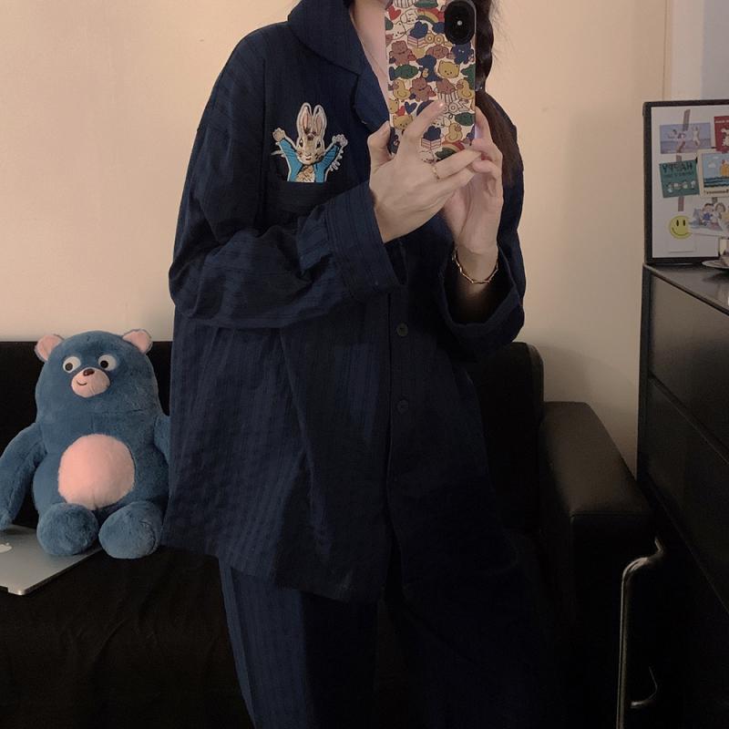 おしゃれ 伸びる 伸縮性 楽のび ストライプ パジャマ スウェット 秋冬 ストライプの ウサギの 綿の パジャマ レディース 長袖の ズボン 春秋 カップルの ホーム 服の ツーピースの スーツ 男性