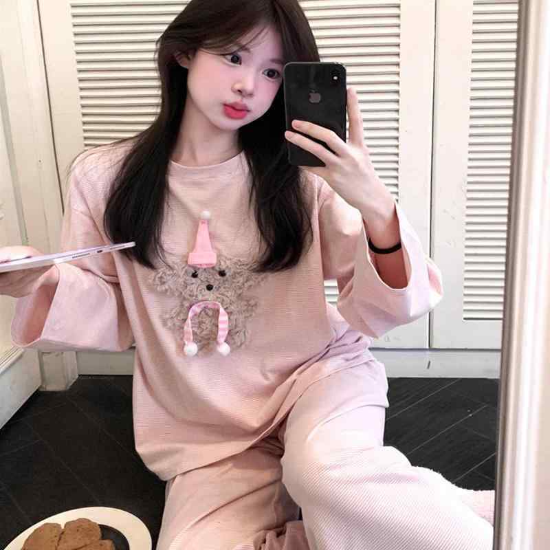 おしゃれ 伸びる 伸縮性 楽のび ストライプ パジャマ スウェット 女性用 綿 パジャマ 春秋 ストライプ かわいい クリスマス 子犬 ラウンドネック 長袖と長 ズボン ホーム 服 スーツ