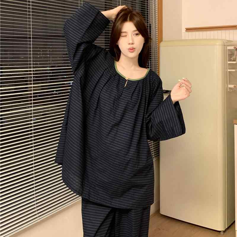 おしゃれ 伸びる 伸縮性 楽のび ストライプ パジャマ スウェット 大きいサイズ 綿 リネンの レディース パジャマ 春秋 ラウンドネック ストライプ ゆったり カジュアル スタイル 長袖 ズボン ホーム 服 スーツ