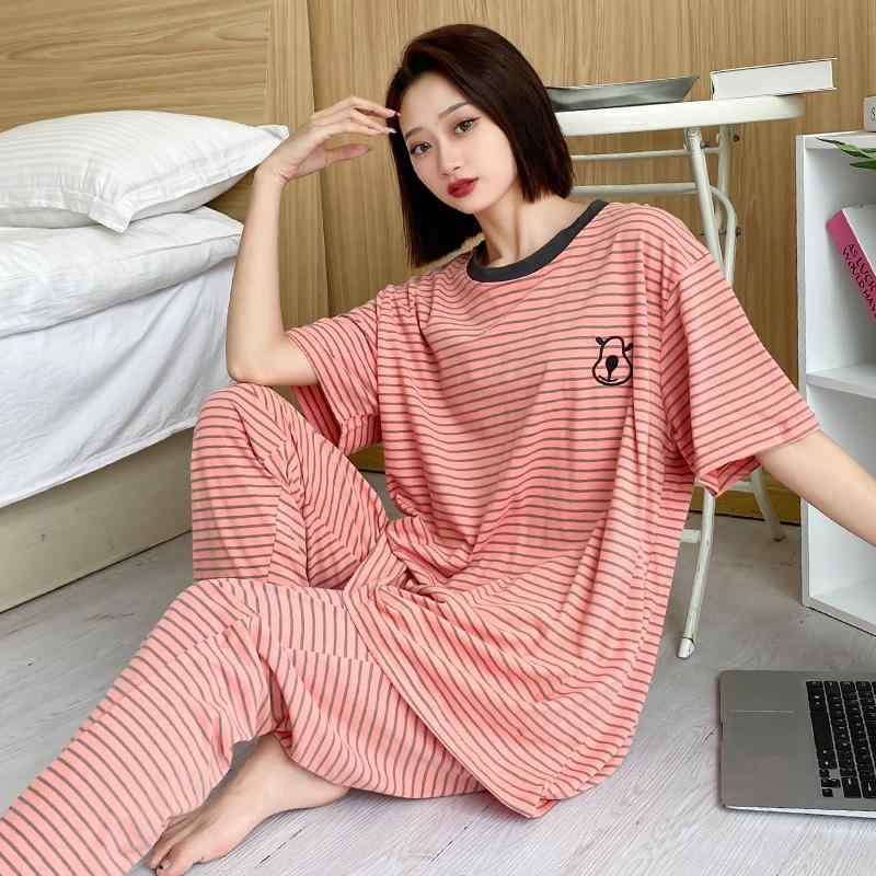 おしゃれ 伸びる 伸縮性 楽のび ストライプ パジャマ スウェット 大きいサイズ パジャマ 太い mm 200 斤 女性 夏 大きめ サイズ 綿 ゆったり 半袖 ズボン 家 着 スーツ