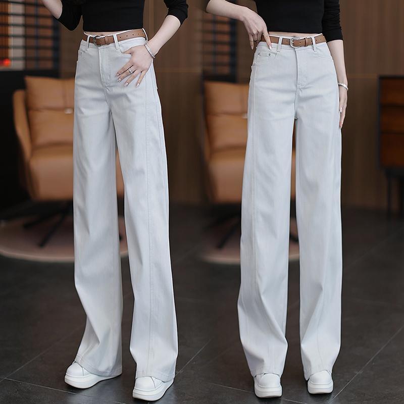 楽ちん 伸縮性 きれいめ ワイド　パンツ　ボトムス モランディ グレー ワイド レッグ ジーンズ レディース 2025 春秋 ハイウエスト スリム ナロー ストレート パンツ