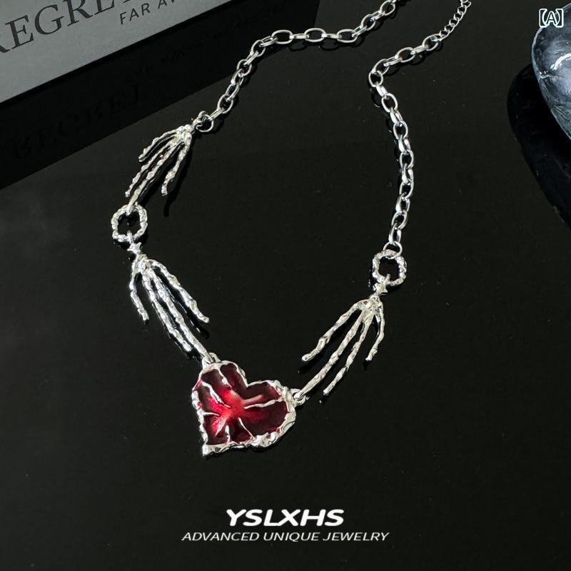 かっこいい カジュアル アクセサリー　スカル　バックル レッド ラブ パンク ネックレス メンズ サブカルチャー Y2K アクセサリー スウィート クール ダーク ペンダント 誇張 鎖骨 チェーン レディース
