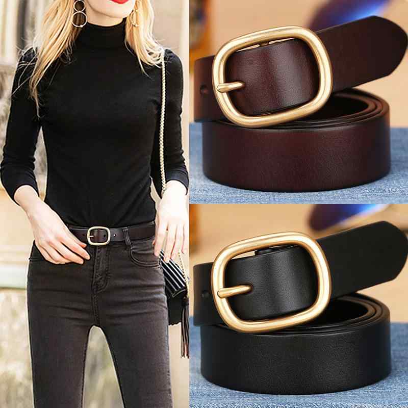 シンプル 無地 おしゃれ レディース　ベルト　カジュアル 第一層 牛革 ベルト 銅 バックル レディース ..