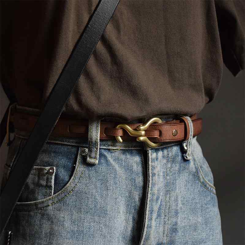 シンプル 無地 おしゃれ レディース　ベルト　カジュアル ナス アメリカン レトロ 銅 フック本 牛革 ベ..