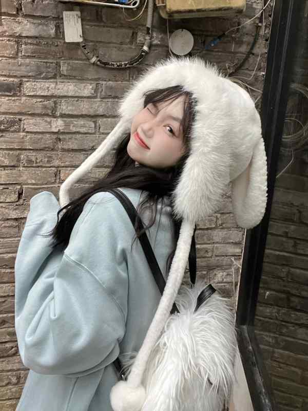うさぎ耳　帽子　かわいい 韓国 甘くて かわいい 秋冬 長い 耳の ウサギの 包 頭 帽子 防寒 学生の 女の子 暖かい 耳 保護 帽子は 顔を 小さく 見せます