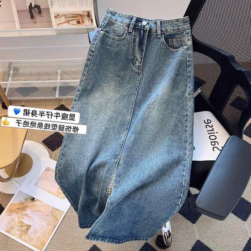 ハイウエスト 上品 きれいめ レディース　ジーンズ　レッグ カウンター 撤退 国際 ビッグ カット ラベル テール シングル スリットスカート レディース 夏 小 ハイウエスト スリム デニムロングスカート(4)