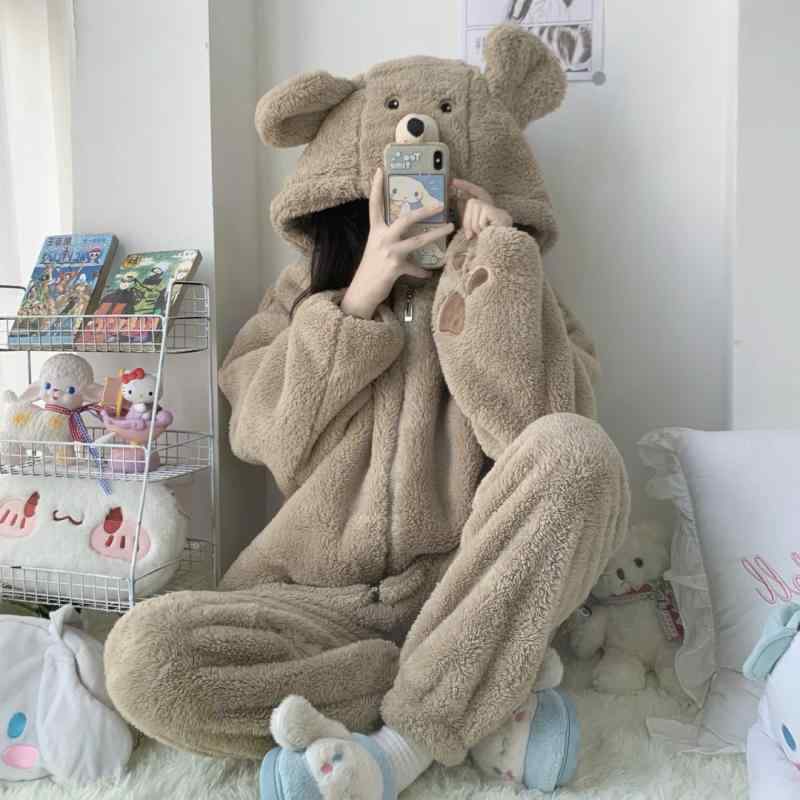 ストレッチ ビッグシルエット オーバーサイズ レディース　パジャマ　スウェット　上下 冬 かわいい クマの パジャマ 女性 秋冬 コーラル 裏起毛 厚手 ホーム 服 スーツ 2025