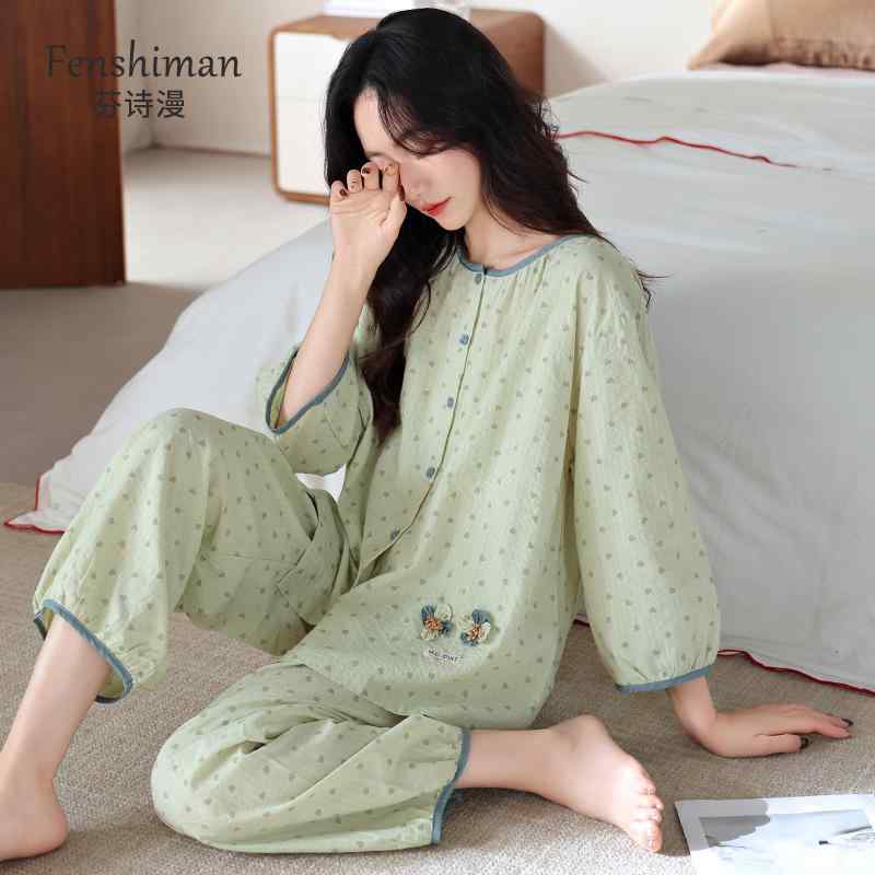 楽天バランスケア　楽天市場店ストレッチ ビッグシルエット オーバーサイズ レディース　パジャマ　スウェット　上下 織り 綿 ガーゼ パジャマ レディース 春秋 スタイル 七分袖 2025 春夏 長袖 ホームウェア