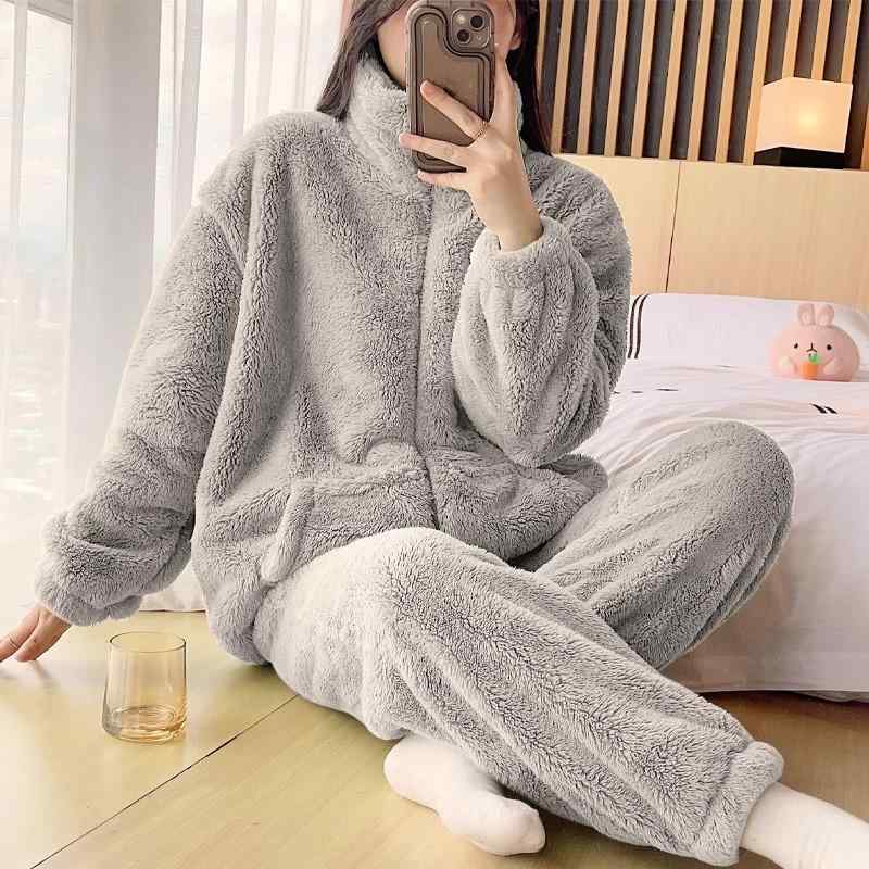 楽天バランスケア　楽天市場店ストレッチ ビッグシルエット オーバーサイズ レディース　パジャマ　スウェット　上下 女性用 ライト グレー コーラル フリース パジャマ 2024 冬 スタイル 裏起毛 厚手 フランネル ジッパー ホームウェア スーツ