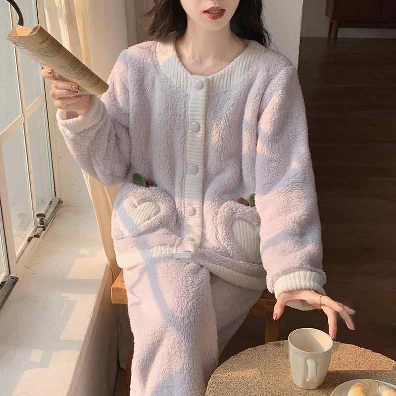 ストレッチ ビッグシルエット オーバーサイズ レディース　パジャマ　スウェット　上下 コーラル フリース パジャマ レディース 秋冬 裏起毛 厚手 カーディガンセット 甘くて かわいい フランネルは 家 着と しても 着用 できます