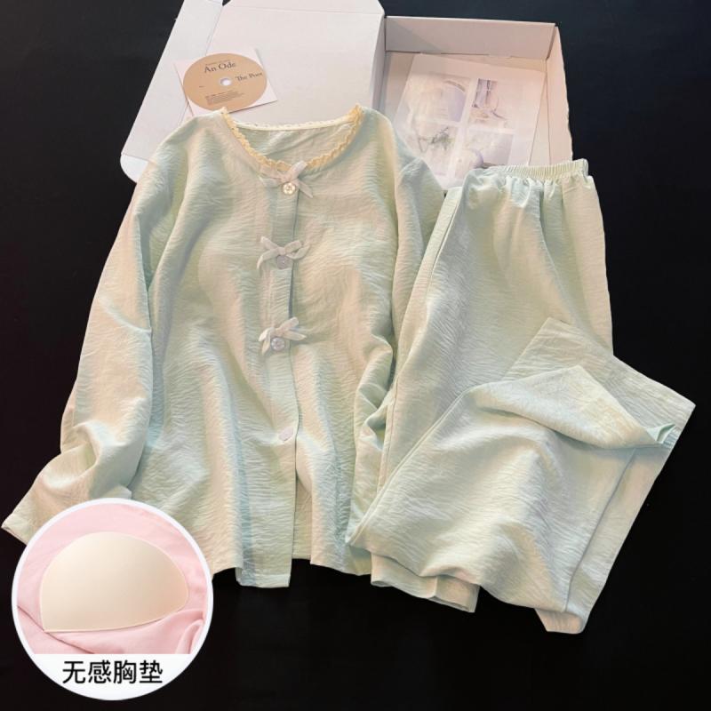 ルームウェア 肌に優しい 暖かい 　パジャマ　レディース　上下 春秋 女性用 クラウド コットン パジャマ 長袖 胸 パッド 付きの 大きいサイズ カーディガン 屋外で 着用 可能 グリーンの 民族 風 スーツ ホームウェア