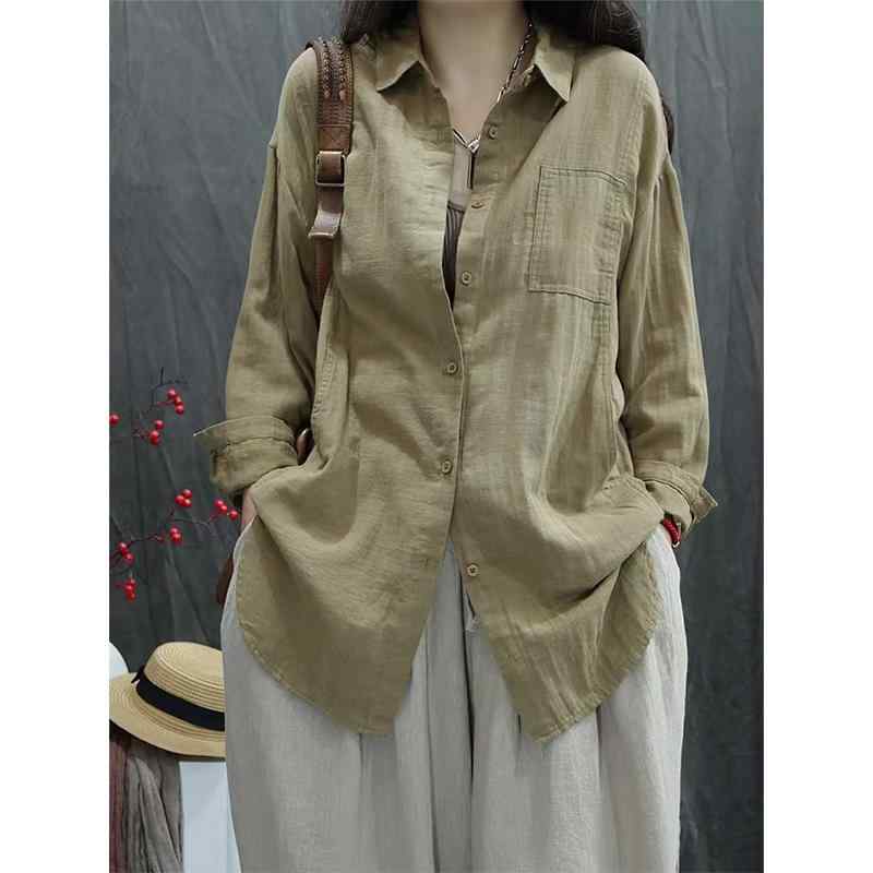 コットンリネン 着心地 柔らかい 無地 大人 レディース　　シャツ　トップス 女性用 大きいサイズ中長 綿 麻 トップス 高級 ゆったり スリム 和風 シャツ 春秋 2025