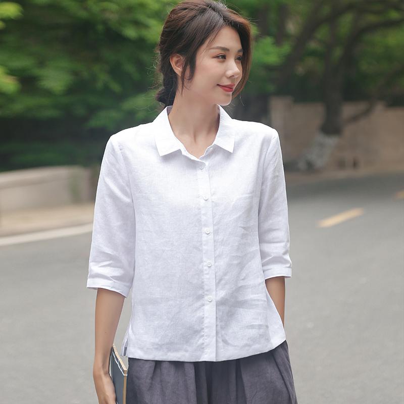 コットンリネン 着心地 柔らかい 無地 大人 レディース　　シャツ　トップス 2025夏 ホワイト 高級 リ..