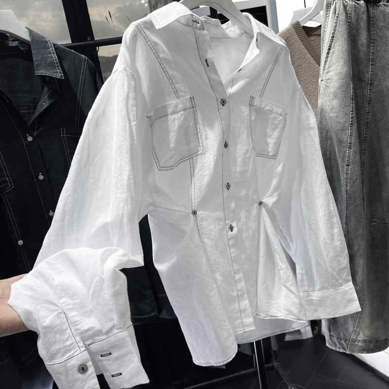 コットンリネン 着心地 柔らかい 無地 大人 レディース　　シャツ　トップス 自己 保持 ファッション ゆったり パッチワークシャツ スリム ウエスト リネンシャツ 女性用