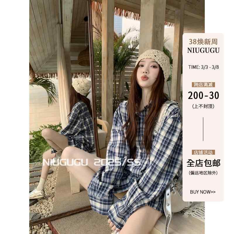 レディース シャツ チェック NIUGUGUの復古風ブルーギンガム柄が春2025にぴったりのゆったりとしたダイ..