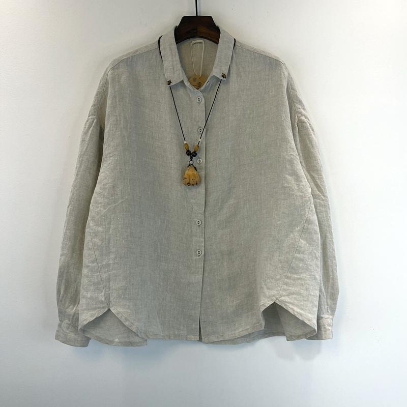 綿麻 着痩せ 体型カバー カジュアル 　レディース　シャツ　トップス レトロ コットンと リネンの 厚手 長袖 シャツ カジュアル リネン トップ の ネック ライン 刺繍入り スリム 女性用