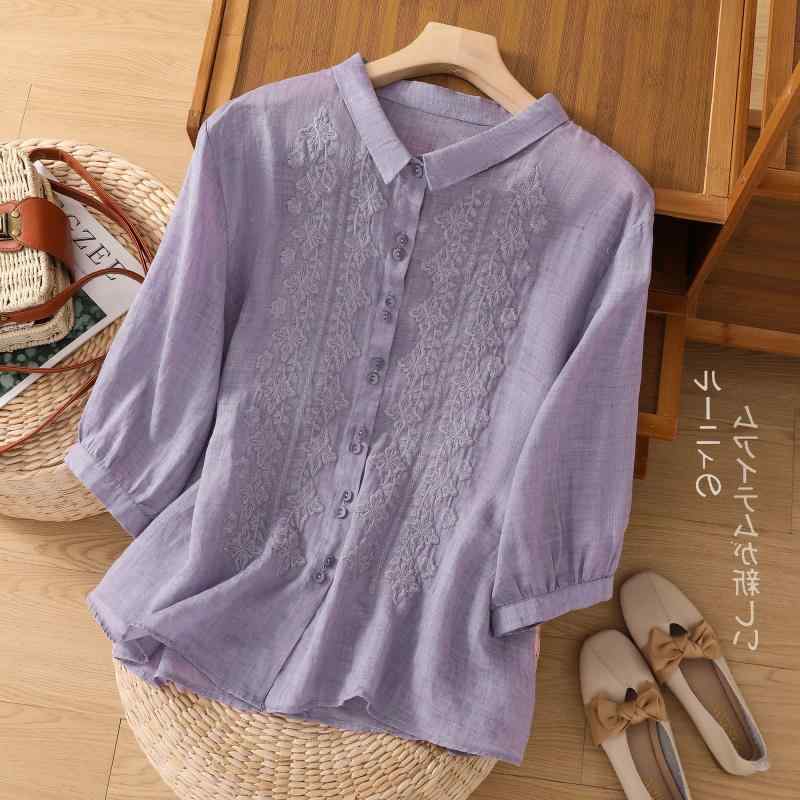 綿麻 着痩せ 体型カバー カジュアル レディース　　シャツ　トップス カット ラベル レトロ 刺繍 ラミ..