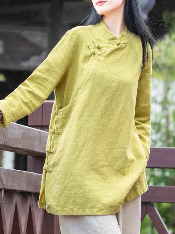 コットンリネン 着心地 柔らかい 無地 大人 レディース　　シャツ　トップス リネン エスニック シャツ レディース 春秋 2024 ミドル丈 プレート バックル レトロ トップス 禅茶師服