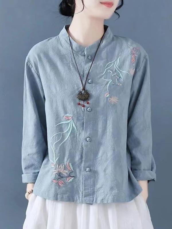 コットンリネン 着心地 柔らかい 無地 大人 レディース　　シャツ　トップス カウンターでは の 末尾の 商品を 撤回 します。 レディースの 中国 ボタン ティー ドレス トップス 刺繍入り コットンリネン 長袖 シャツ