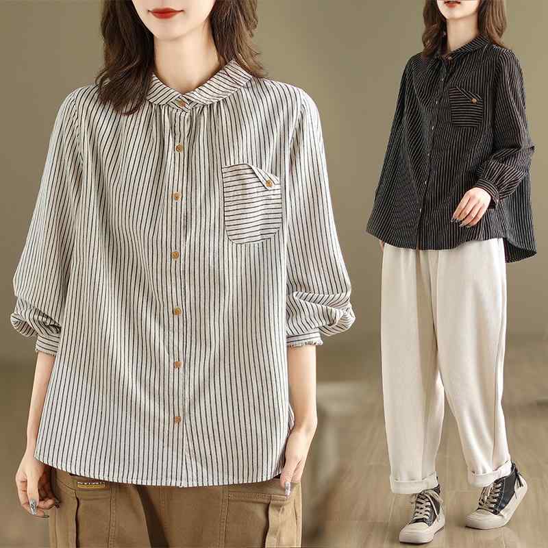 綿麻 着痩せ 体型カバー カジュアル レディース　　シャツ　トップス 対外 春秋 スタイル 大きいサイズ..