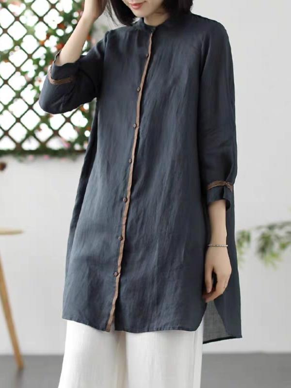 綿麻 着痩せ 体型カバー カジュアル レディース　　シャツ　トップス レトロ なの コットンと リネンの シャツ レディースの 夏用 ゆったり カジュアル スタンドカラー ミディアム ロング 薄手 リネン 七分袖 トップス