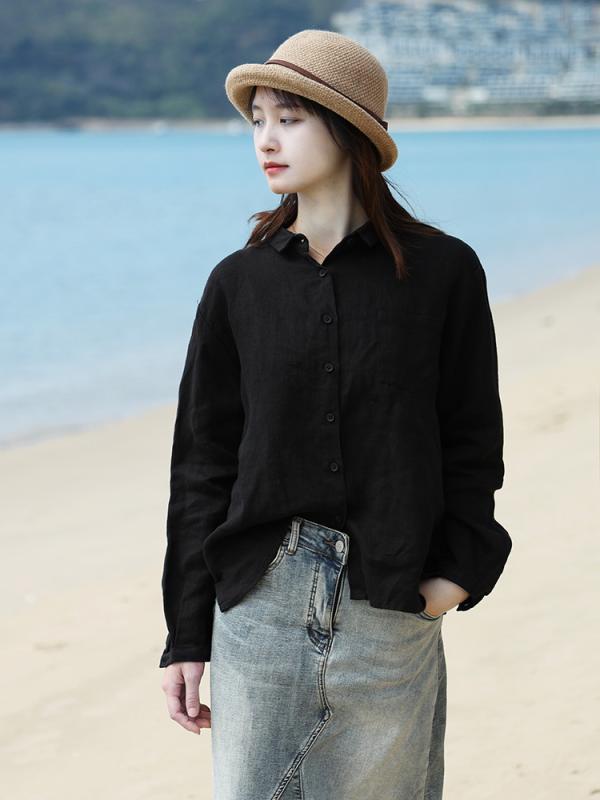綿麻 着痩せ 体型カバー カジュアル レディース　　シャツ　トップス リネン ブラック 無地 トップス 春 レディース シンプル カジュアル カーディガン コットンリネン シャツ