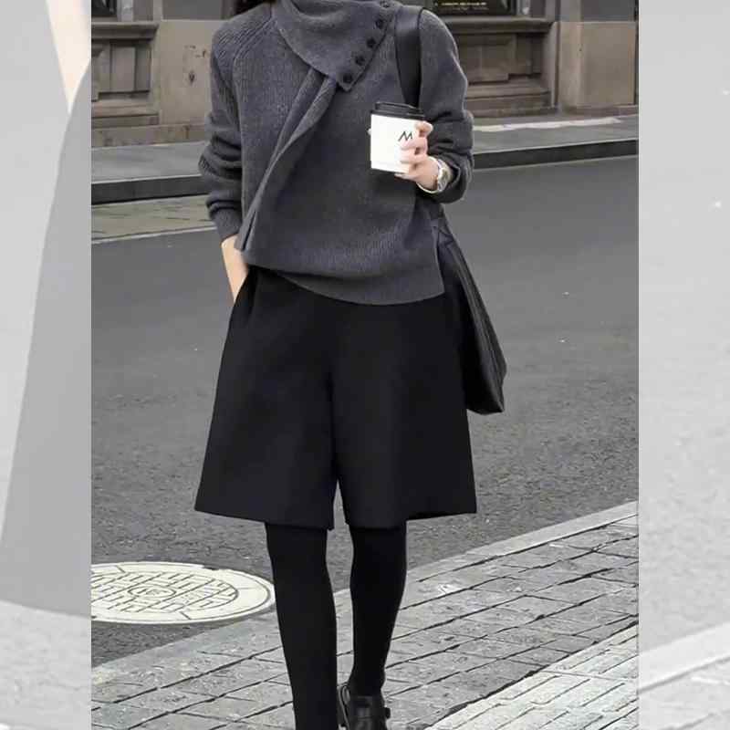 美脚 美尻 おしゃれ 　ショート　ハーフ　パンツ　 レディースの 黒の ウール ショート パンツ の 春の..