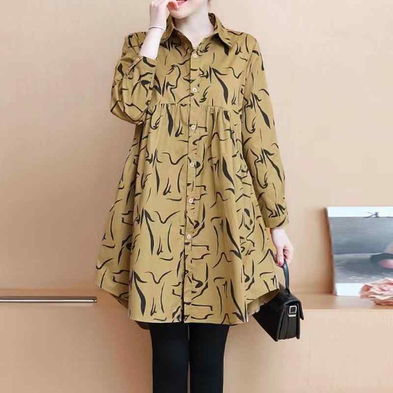 綿麻 着痩せ 体型カバー カジュアル 　レディース　シャツ　トップス 日 シングル レディース ゆったり お腹 カバー シャツ ドレス 長袖 プリント 冷感 コットンリネン トップ 春