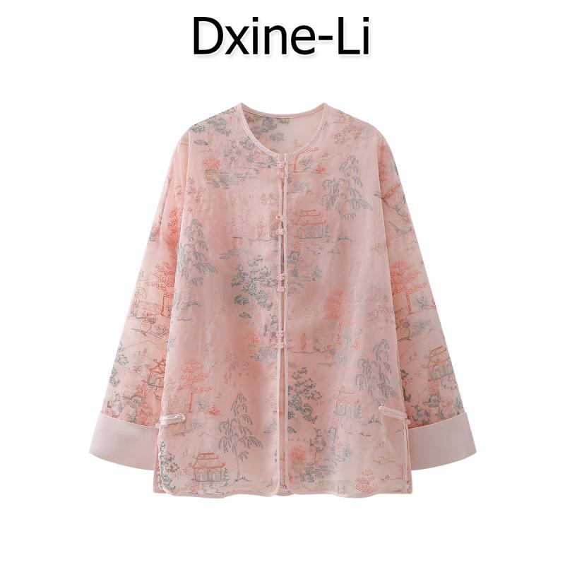 きれいめ 刺繍 大人 カジュアル フェミニン メンズ レディース 刺繍 DXINE 2024春季のは中国風軽奢な刺繍入りブラウスです。女性らしいネット素材と二重の扣ひもが特徴的です。(4)