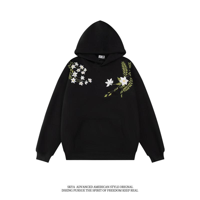 きれいめ 刺繍 大人 カジュアル フェミニン メンズ レディース 刺繍 SKAYのアメリカンオーバーサイズ街で花柄刺繍の春秋冬用ゆったりとしたフード付きパーカー男女兼用のお揃いジャケット。