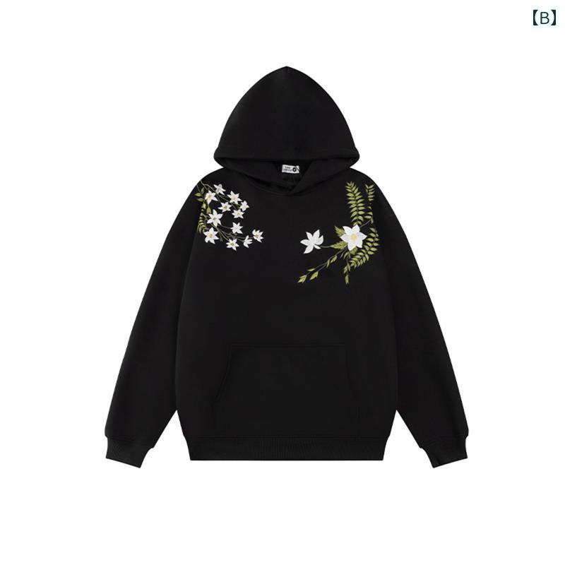きれいめ 刺繍 大人 カジュアル フェミニン メンズ レディース 刺繍 SKAYのアメリカンオーバーサイズ街で花柄刺繍の春秋冬用ゆったりとしたフード付きパーカー男女兼用のお揃いジャケット。
