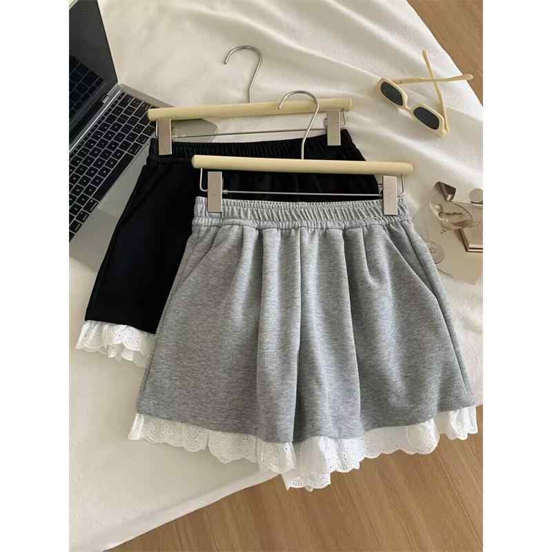 短パン 無地 おしゃれ 　ショートパンツ　ハーフパンツ フランスの レトロ レースの ワイド レッグ シ..