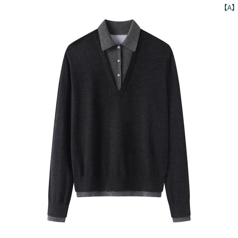 ニットセットアップ 長袖 きれいめ おしゃれ 2025 秋 シンプル スタイル 長袖 プルオーバー フェイク ツーピース セーター 5 P 7311400