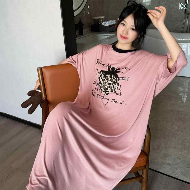 レディース レオパード スカート かわいい ヒョウ 柄 イチゴ 半袖 プリント ロング ネグリジェ レディース 夏の カジュアル 大きめ サイズ パジャマ レディース 夏の 綿の ホームウェア