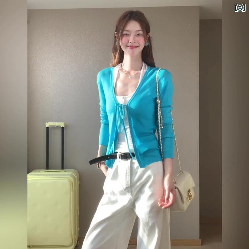 襟付き ニット レディース ニット カーディガン 体型カバー きれいめ 美 白 クラインブルー Vネック レースアップ ニットカーディガン レディース 夏 スリムフィット ボトムス トップと 日焼け防止 服