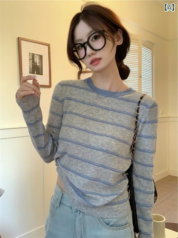 襟付き ニット レディース ニット カーディガン 体型カバー きれいめ ストライプの 配色が 特徴の ラウ..