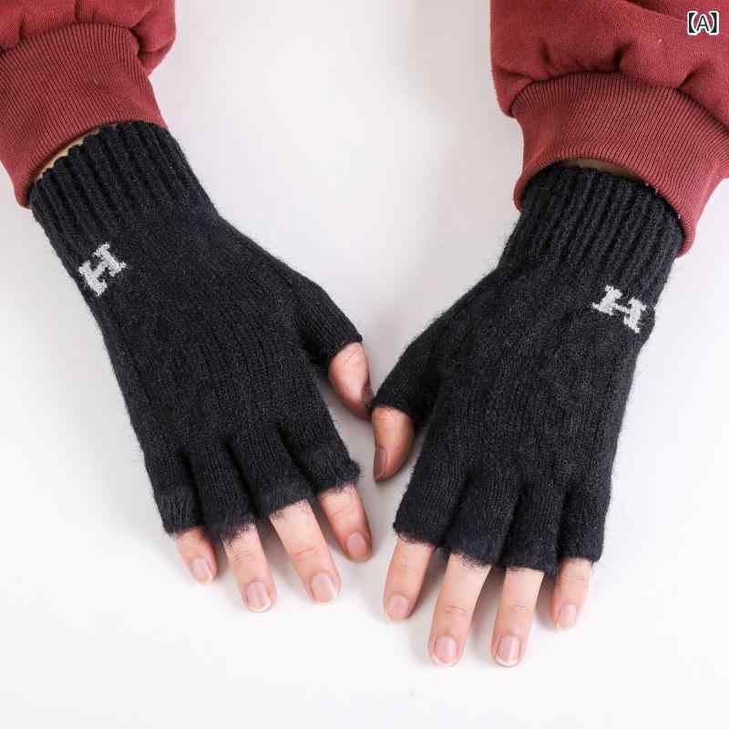 手袋 メンズ 冬 防寒 ニットグローブ 男性用 手袋 冬 半分の 指は 大人 保温性を 高めています。x2(4)