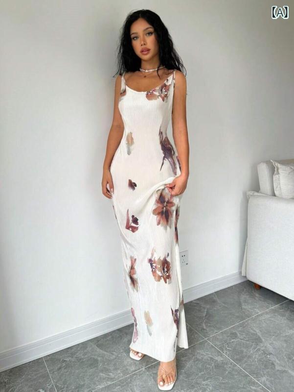 レディースシアーフラワープリーツワンピース 長袖 ガーリー きれいめ 2025 対外の 新型 プリントの 巴 多 アミンの 小さい ガーターの ベストの レディース 魅惑的 修身は 外に 袖なしの ワンピースを 着ます。