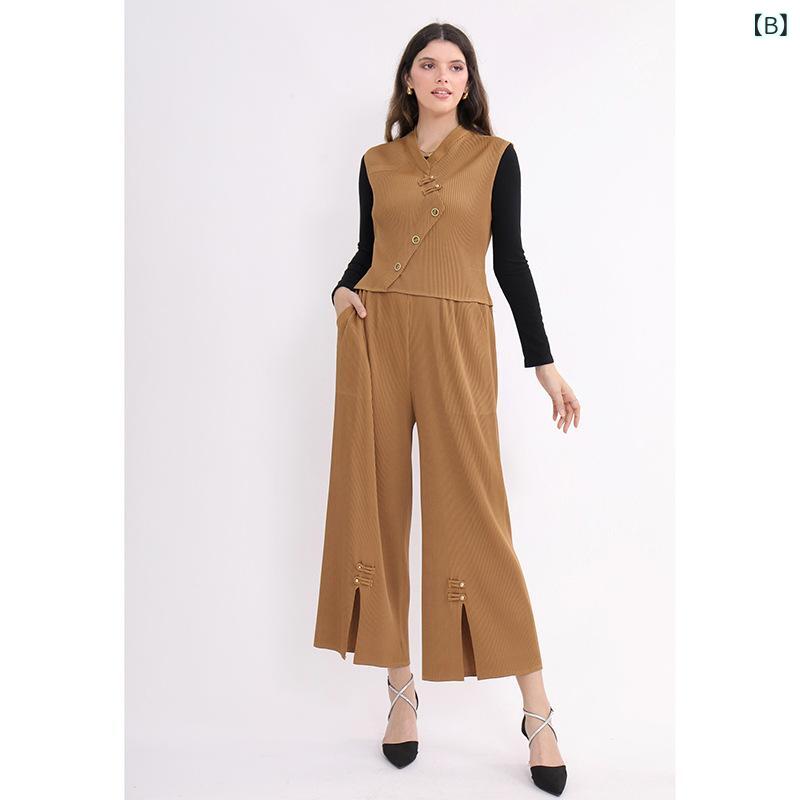 レディース ツープリーツワイドレッグパンツ エレガント 上品 高級 感 美 ラード ファッション スーツ 女性 2025 春の 新型 着 痩せ 馬 甲 広 脚 ズボン 2点 セット