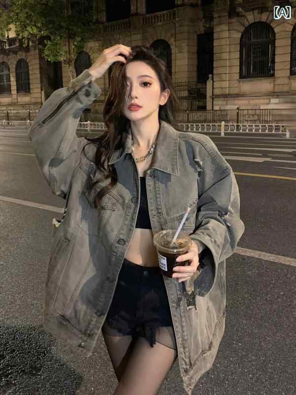 羽織 ジーンズ ストレッチ オーバーサイズ ジャケット Gジャン デニム アメリカン レトロ デニムジャケット レディース 春秋 ウォッシュ ホール カーディガン トップ 潮