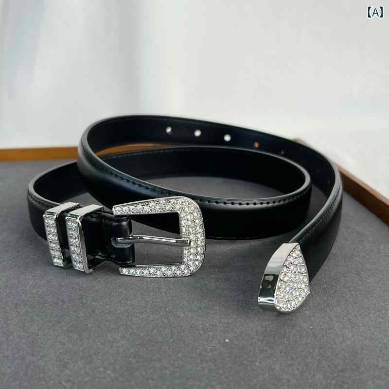 定番 おしゃれ シンプル お出かけ レザーベルト レザー オシャレ 24個の でな 女性用 レトロ 2 層 牛革 ラインストーン ベルトで ハイエンドの 装飾 ベルト パンツ 付き