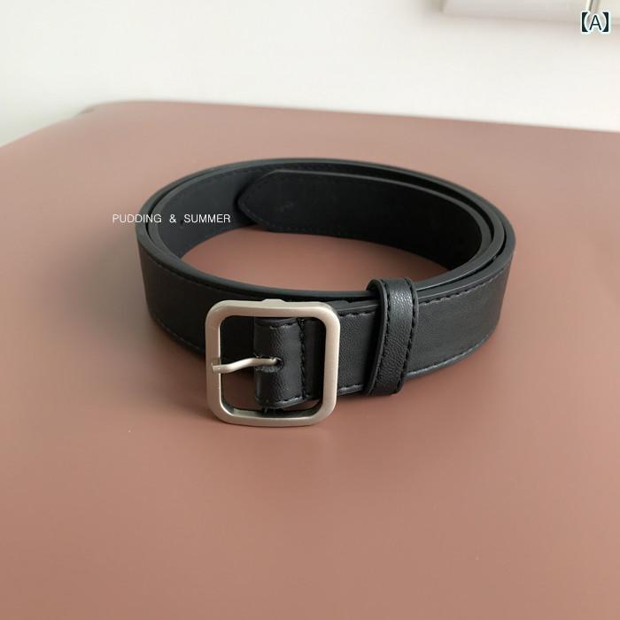 定番 おしゃれ シンプル お出かけ レザーベルト レザー オシャレ 韓国 2024年 ベルト スクエア マットシルバー ソリッド バックル ブラック シック スタイル 幅広 レディース